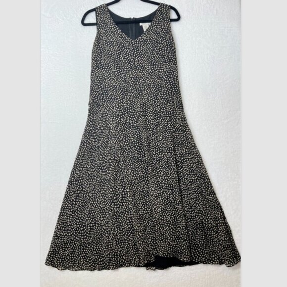 VTG Coldwater Creek 100% Silk Black Tan Polka Dots Aline Midi Classic Dress Sz 8 - Picture 1 of 11